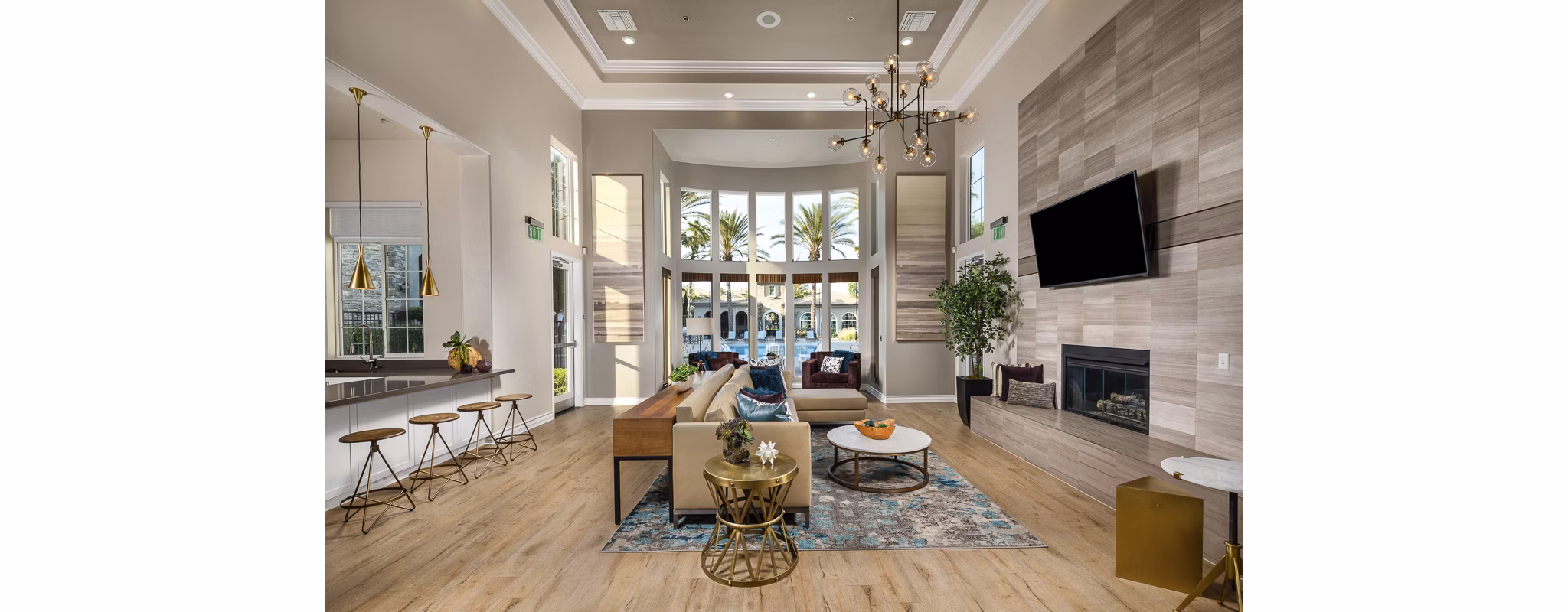 The Heights at Chino Hills: Elegant clubhouse lobby with modern furnishings for luxury living apartments