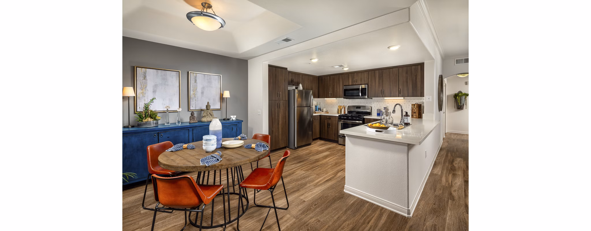 Elegant dining room featuring modern decor at The Heights at Chino Hills Apartments