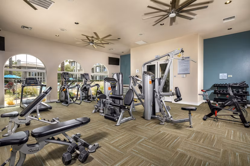 Modern fitness center with state-of-the-art equipment at The Heights at Chino Hills Apartments
