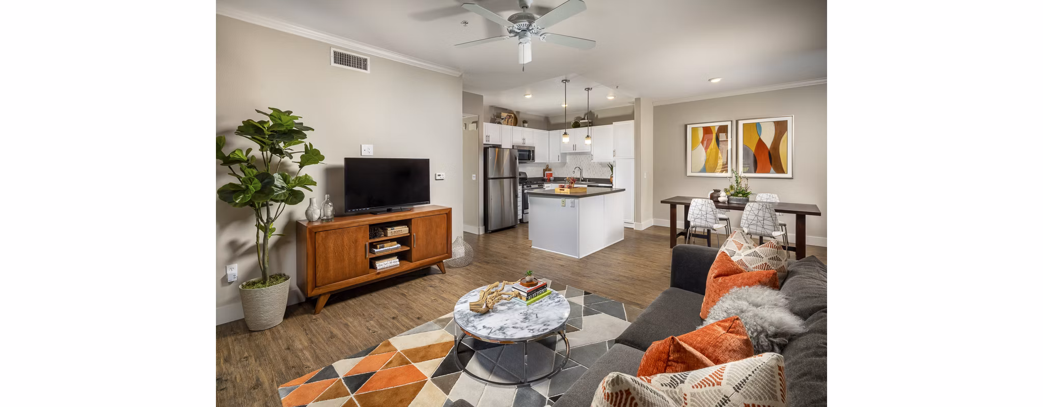 Elegant living room with modern furnishings at The Heights at Chino Hills Apartments