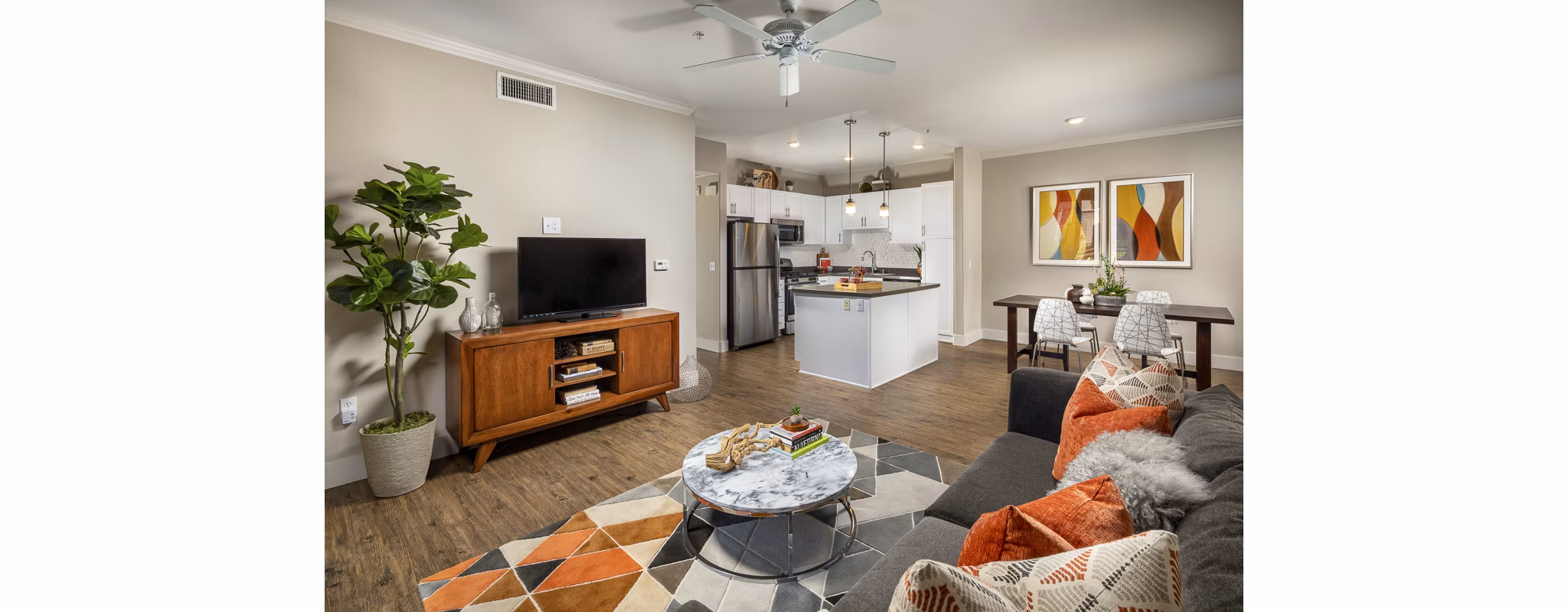Elegant living room with modern furnishings at The Heights at Chino Hills Apartments