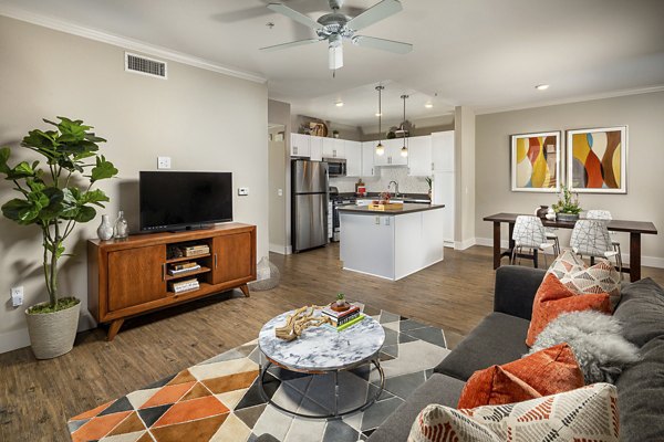 Elegant living room with modern furnishings at The Heights at Chino Hills Apartments