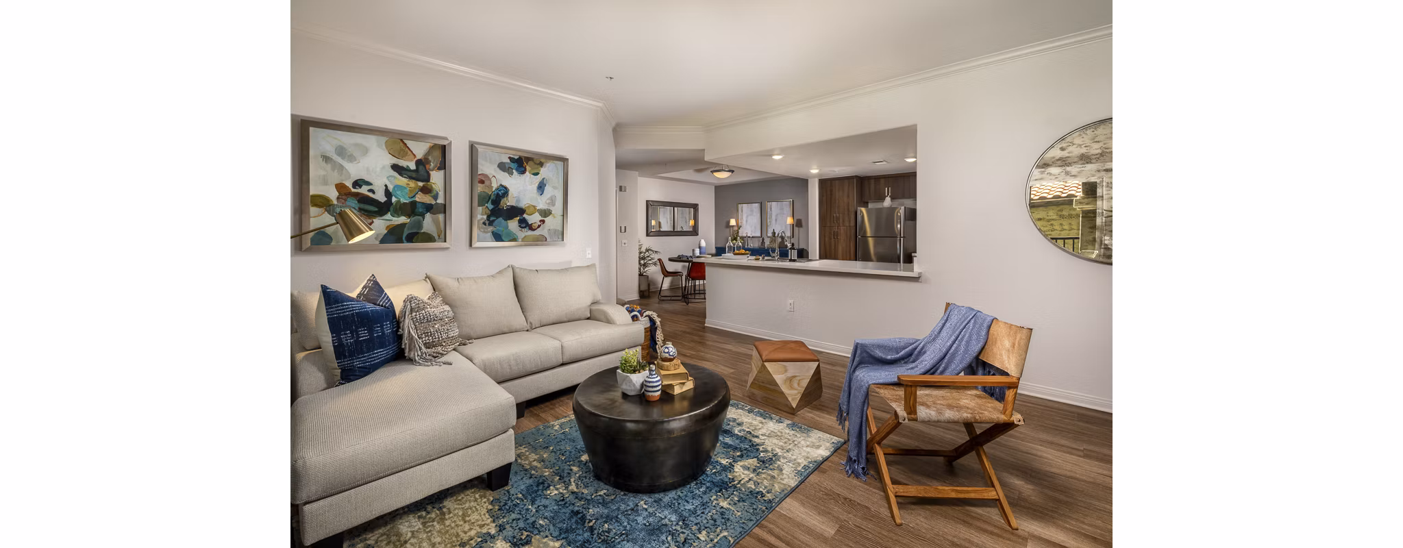 Living room featuring modern decor and ample natural light at The Heights at Chino Hills Apartments