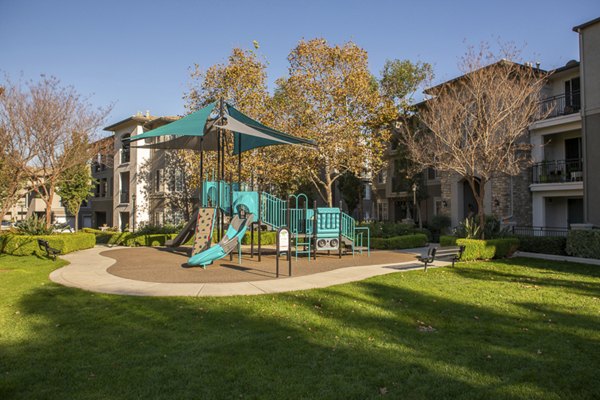 Colorful playground with slides and swings at The Heights at Chino Hills Apartments, ideal for family-friendly living