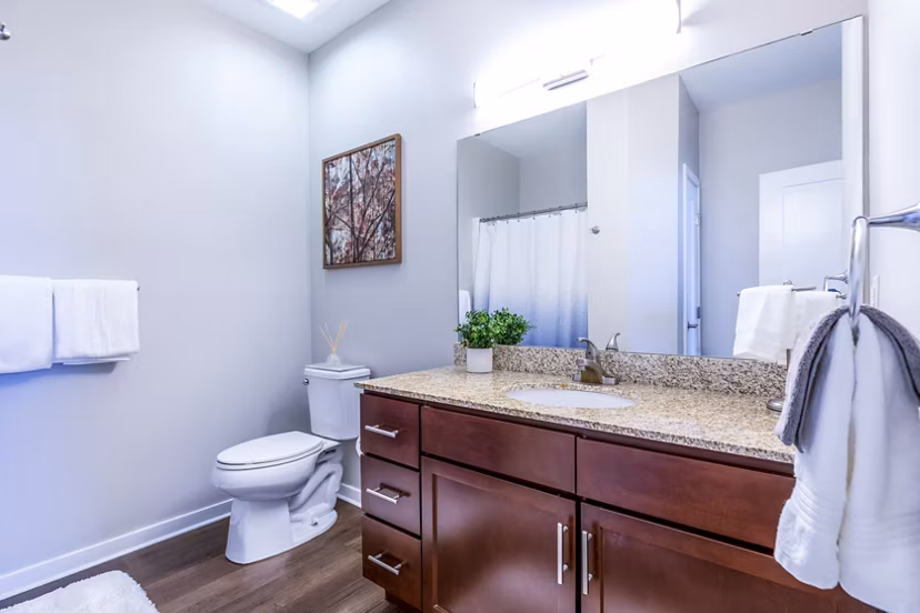 Modern bathroom with sleek fixtures and ample storage in Overture Central Park Apartments, luxury living by Greystar