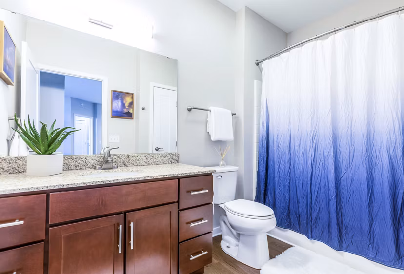 Modern bathroom with sleek fixtures at Overture Central Park Apartments