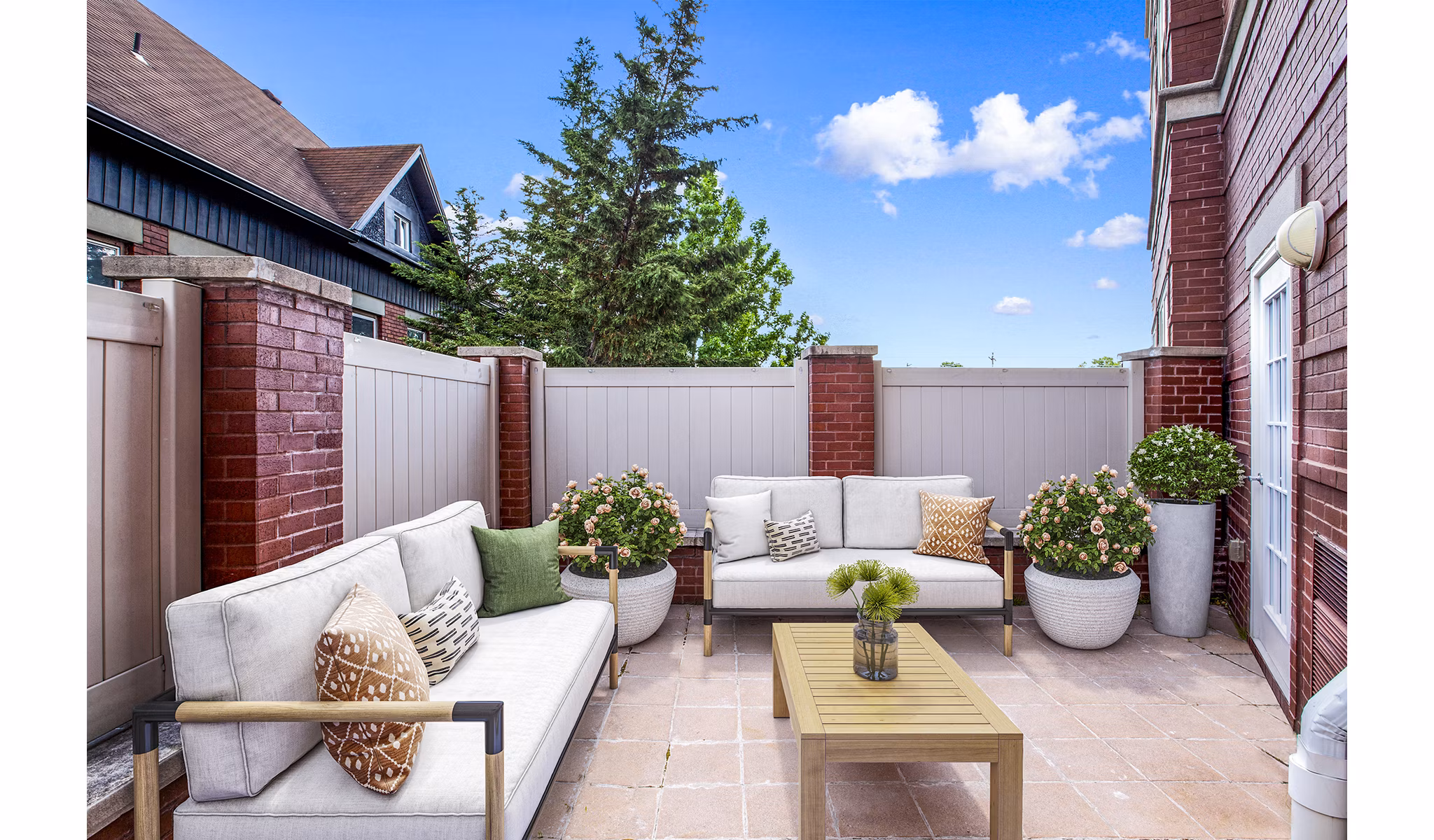 Spacious patio with modern furnishings at Rutherford Station Apartments