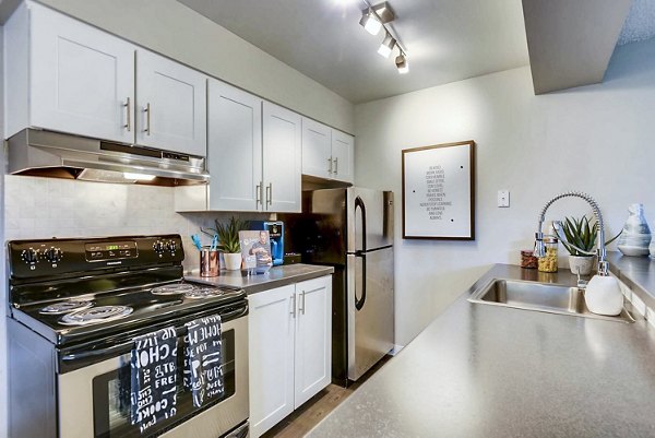 Modern kitchen with stainless steel appliances at Park Place at 92nd Apartments luxury rentals