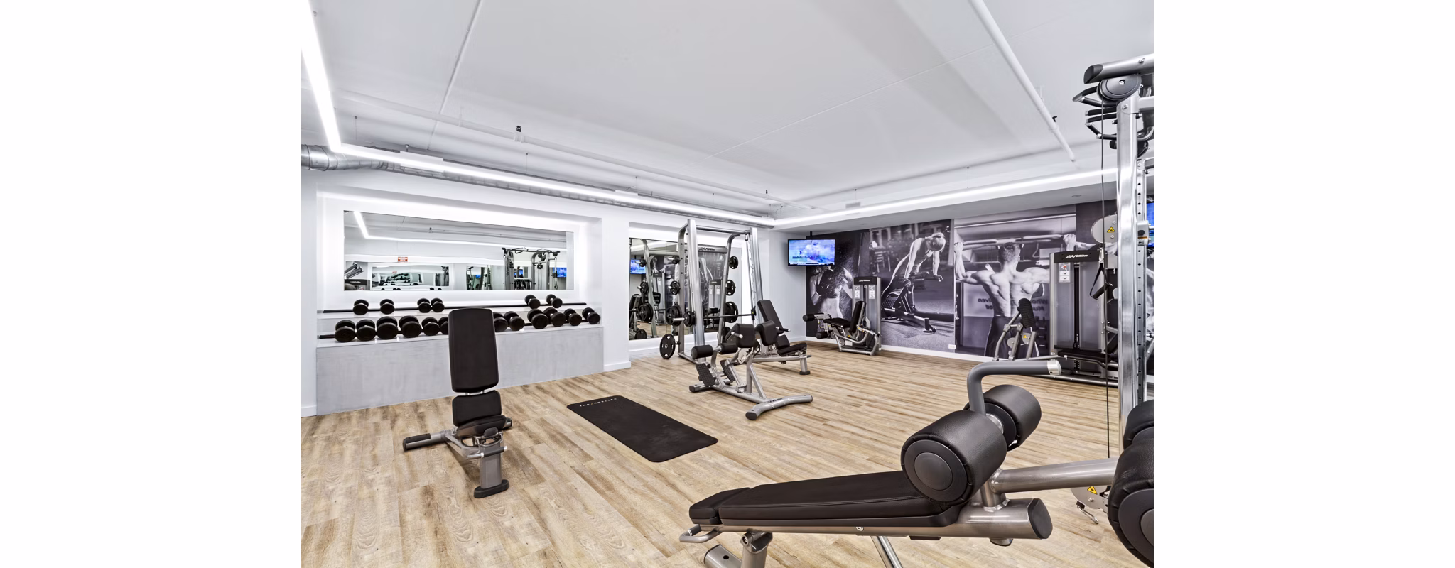 Well-equipped gym with various exercise machines and free weights at The Chelsea Apartments