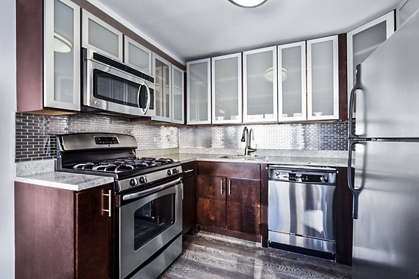 Sleek kitchen with stainless steel appliances and dark wood cabinets at The Chelsea Apartments