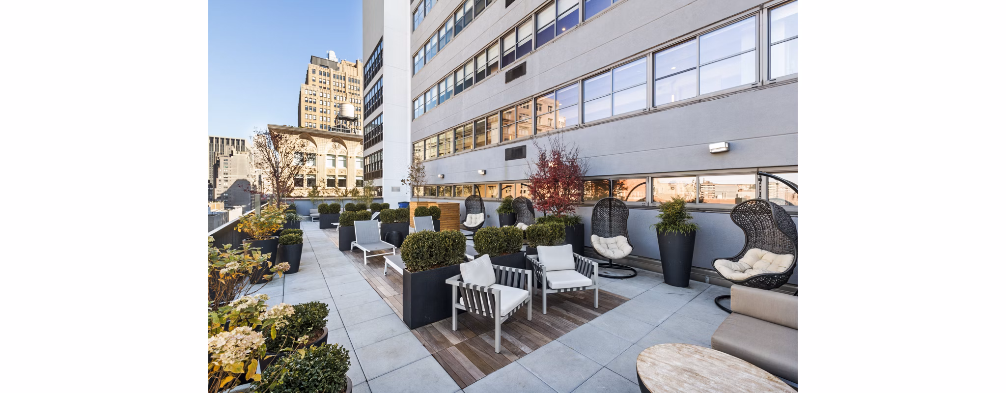 Rooftop patio with seating, plants, and city view at The Chelsea Apartments