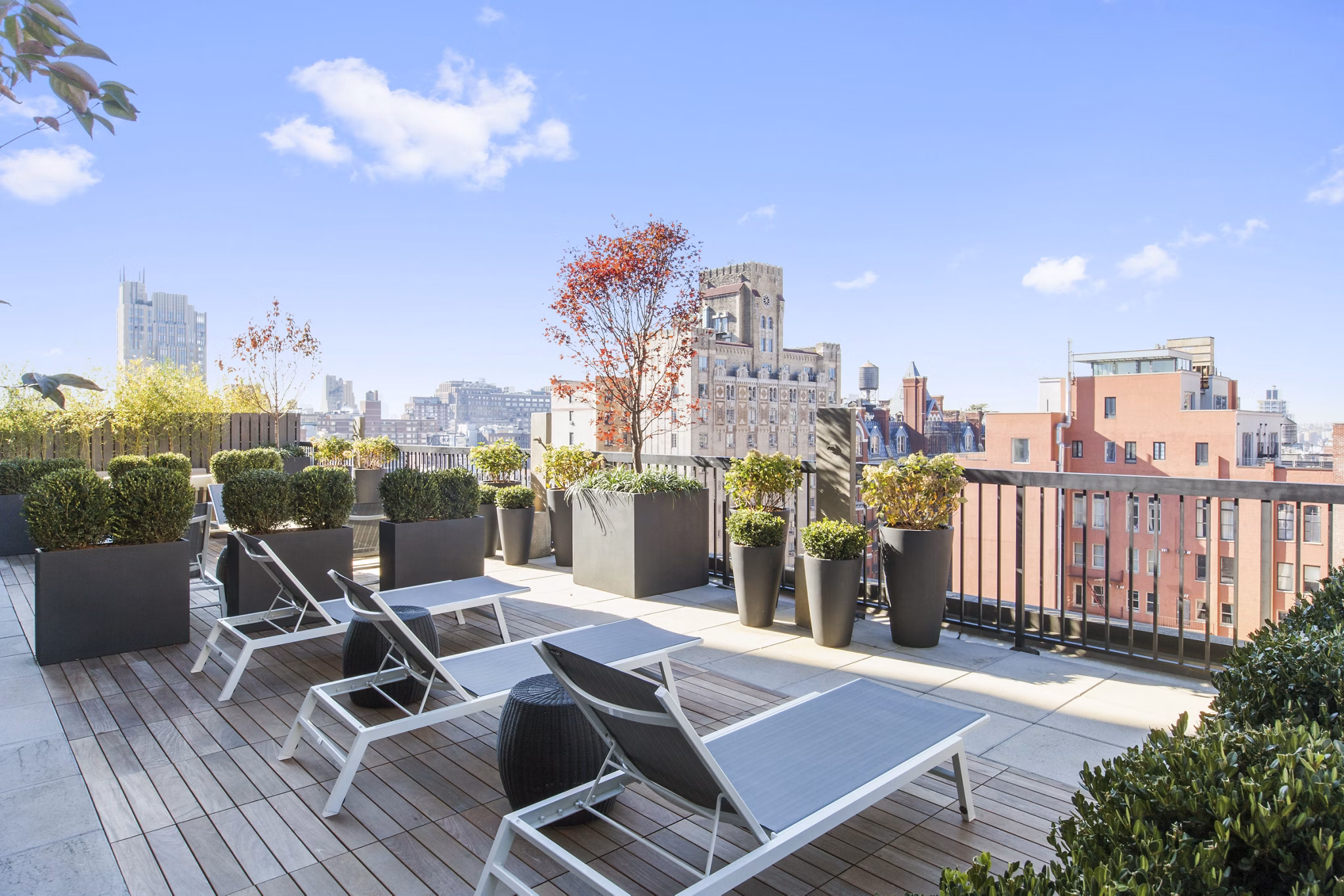 Rooftop terrace with lounge chairs, potted plants, and city view at The Chelsea Apartments