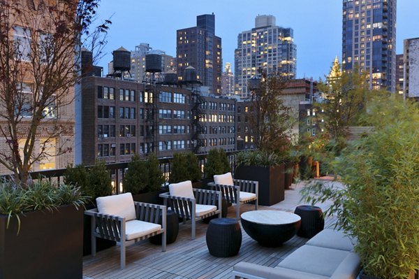 Rooftop patio with seating, plants, and city skyline at dusk at The Chelsea Apartments