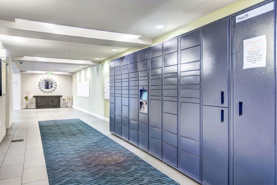 Secure parcel package lockers at VUE25 Apartments, Tacoma, WA, enhancing convenience and security for residents