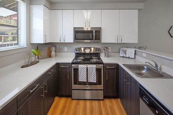 Modern kitchen with stainless steel appliances at The Tennyson at Crescent Village Apartments, offering luxury living spaces in a desirable location