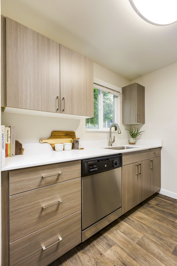Lineage at Willow Creek Apartments kitchen featuring modern appliances and sleek countertops