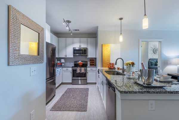 Modern kitchen with stainless steel appliances at Fountains Matthews Apartments