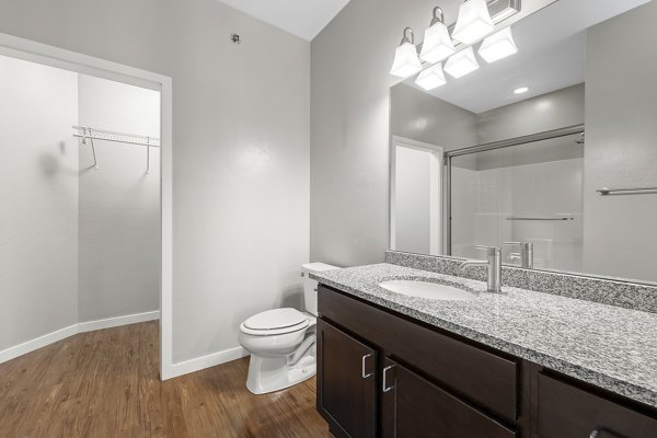 Modern bathroom with elegant fixtures at Confluence at Three Springs Apartments, offering a luxurious living experience in a prime location