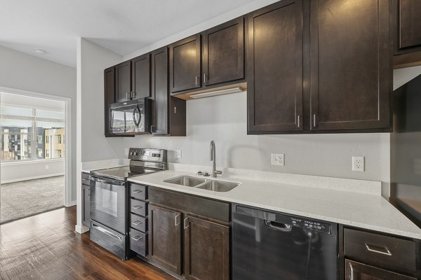 Modern kitchen featuring stainless steel appliances at Confluence at Three Springs Apartments