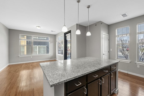 Modern kitchen featuring stainless steel appliances and granite countertops at Confluence at Three Springs Apartments