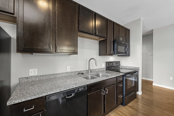 Kitchen featuring modern appliances and quartz countertops at Confluence at Three Springs Apartments