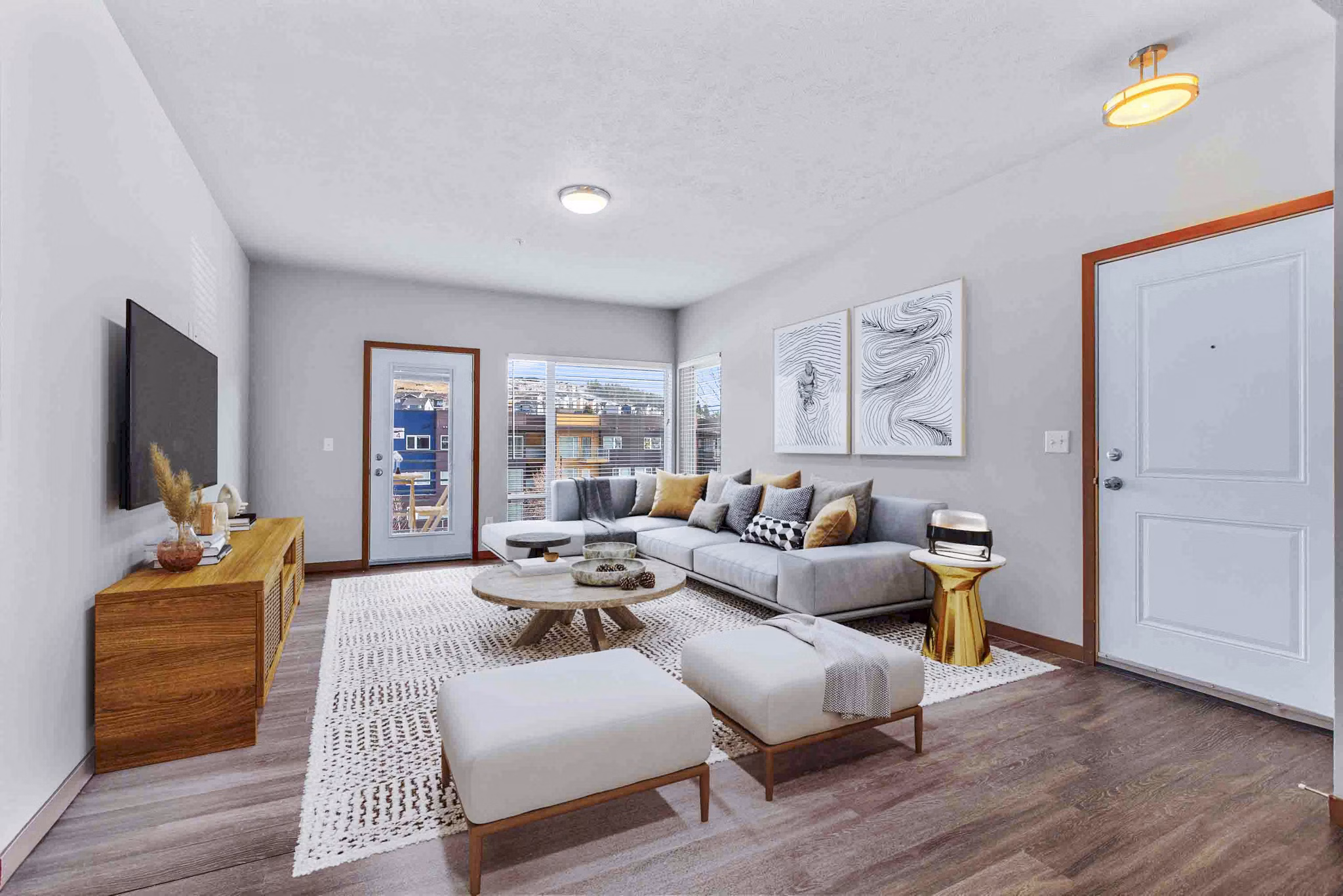 Spacious living room with modern decor at Jake at Indian Trail Apartments