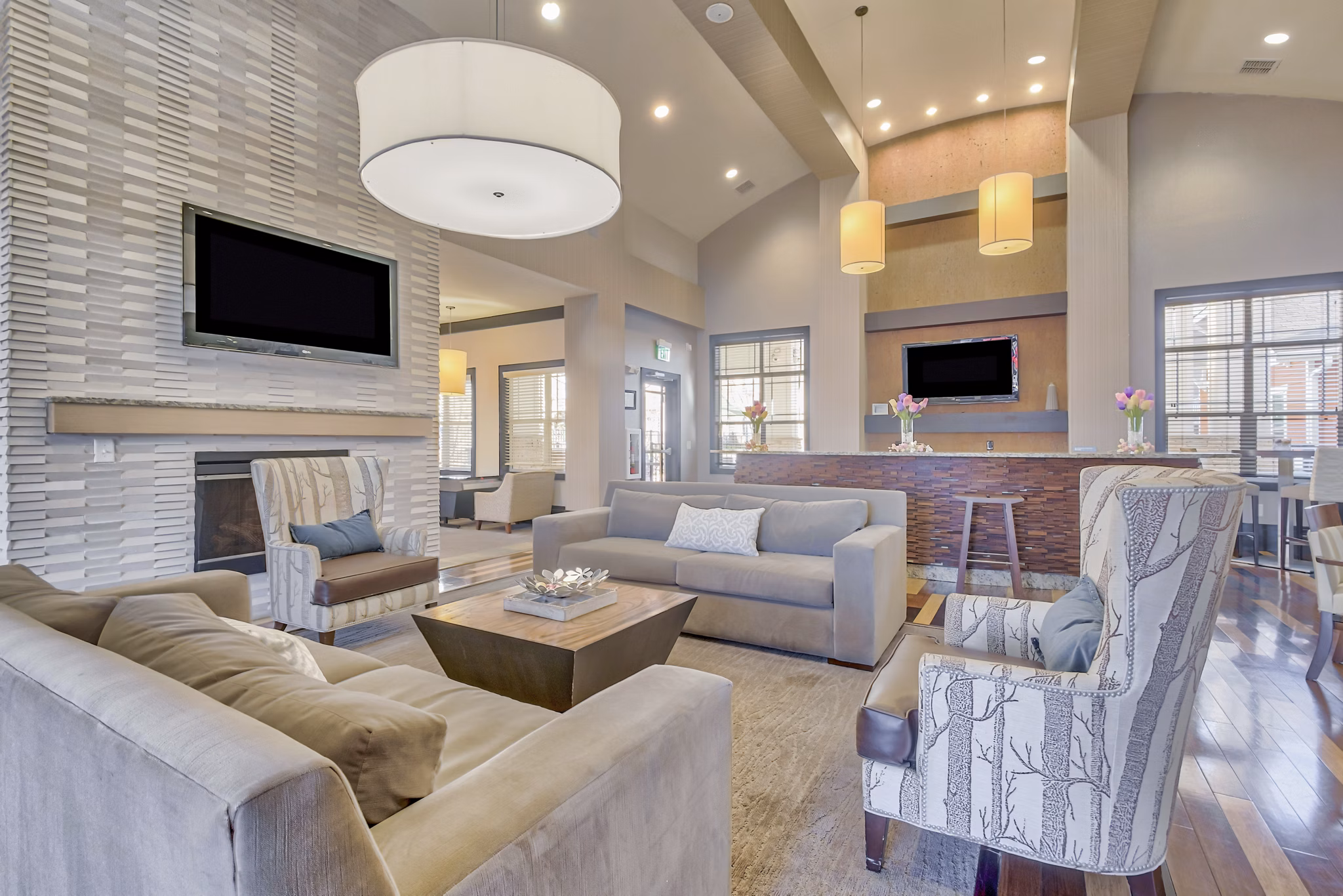 Clubhouse featuring modern design and community seating at River Oaks Apartments