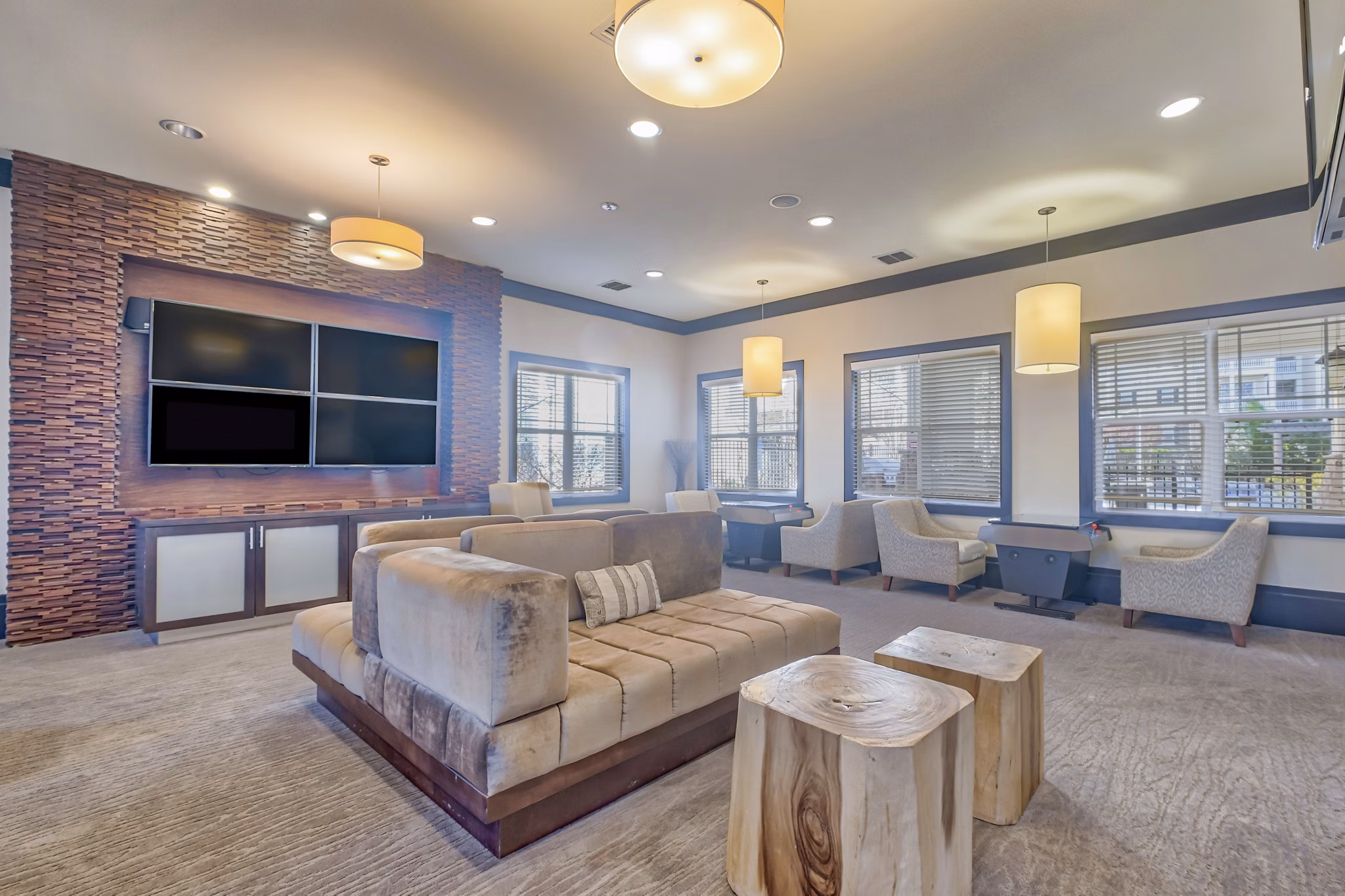 Modern clubhouse with contemporary design at River Oaks Apartments, providing luxury amenities for residents to enjoy social gatherings
