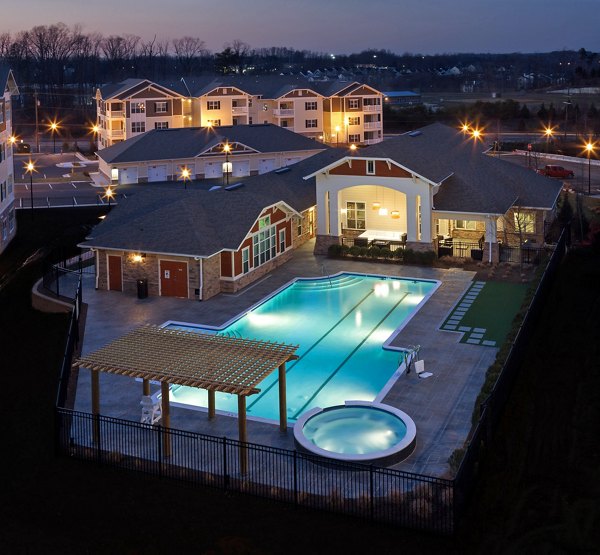 River Oaks Apartments: Serene outdoor pool area with lush landscaping