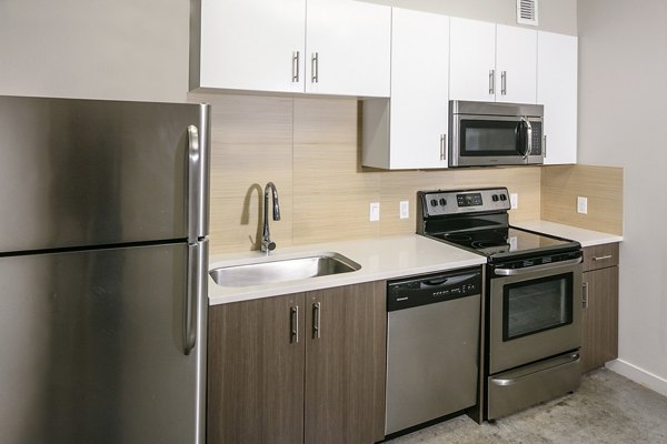 Modern kitchen with sleek finishes and stainless steel appliances at Waterline Apartments