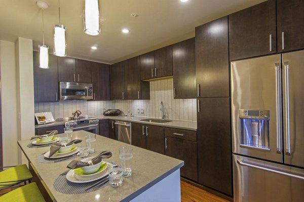 Modern kitchen with high-end appliances at One Hermann Place Apartments