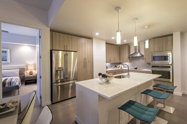Modern kitchen with stainless steel appliances at One Hermann Place Apartments
