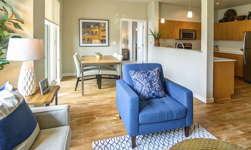Living room with modern furnishings and large windows at North Bethany Ridge Apartments