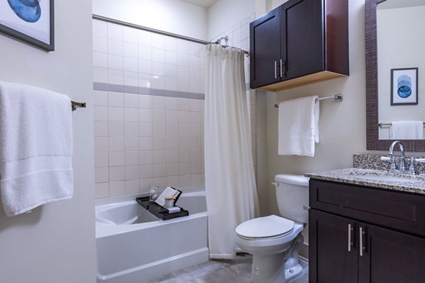 Luxurious bathroom with marble countertops and modern fixtures at The Gramercy Apartments