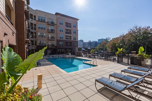 Luxury pool with city skyline views at The Gramercy Apartments