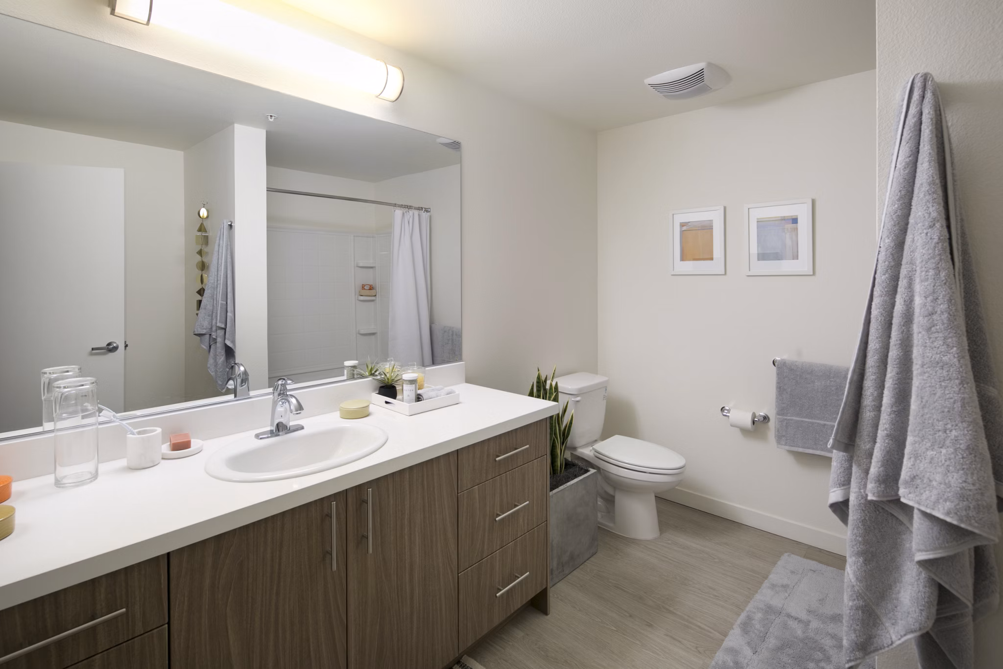 Modern bathroom with sleek fixtures at Foundry Commons Apartments, offering luxury living in a stylish environment