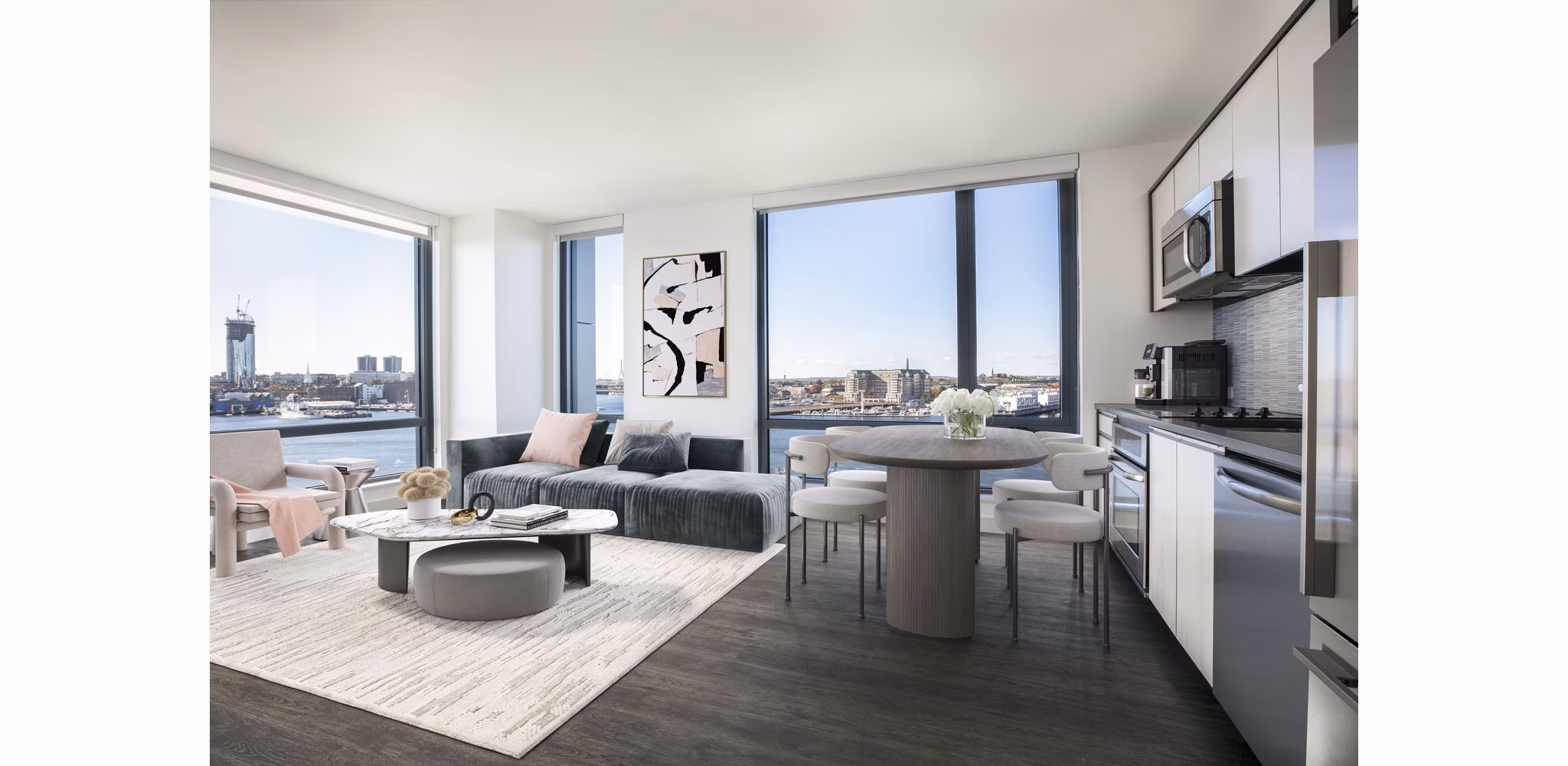 kitchen, dining and living room at The Eddy Apartments
