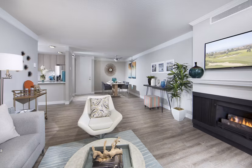 Spacious living room with modern decor at Avana Rancho Palos Verdes Apartments