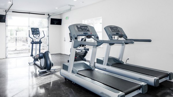 Modern fitness center featuring cardio machines at Villas at Tullamore Apartments