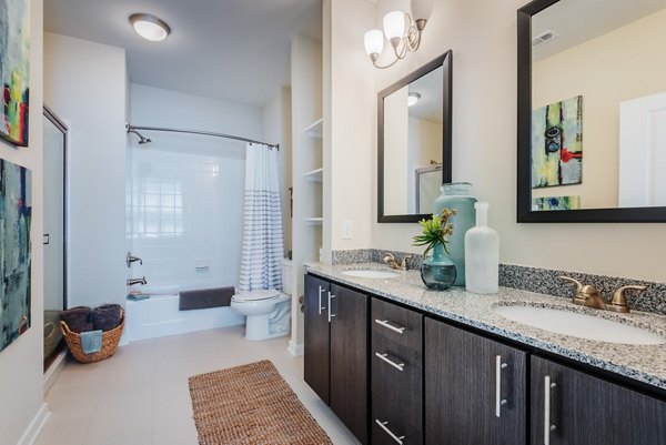 Modern bathroom with sleek fixtures at Bridgeside at Patriots Point Apartments