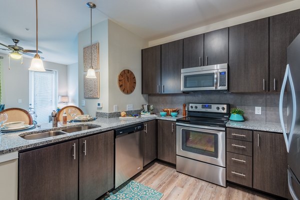 Modern kitchen featuring stainless steel appliances and granite countertops at Bridgeside at Patriots Point Apartments