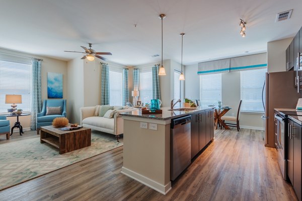 Modern kitchen with stainless steel appliances in Bridgeside at Patriots Point Apartments