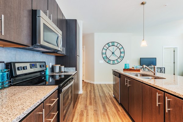 Modern kitchen with stainless steel appliances in Bridgeside at Patriots Point Apartments