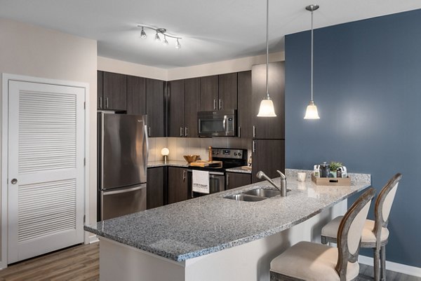 Modern kitchen with sleek appliances and stylish countertops at Bridgeside at Patriots Point Apartments