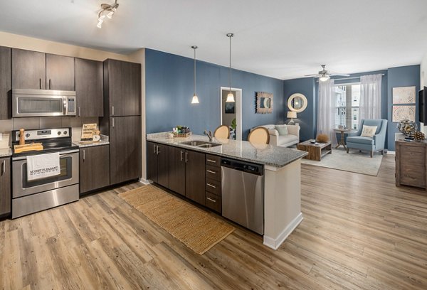 Modern kitchen with granite countertops and stainless steel appliances at Bridgeside at Patriots Point Apartments