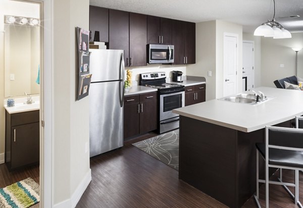 Modern kitchen with stainless steel appliances at The Ave at Norman Apartments