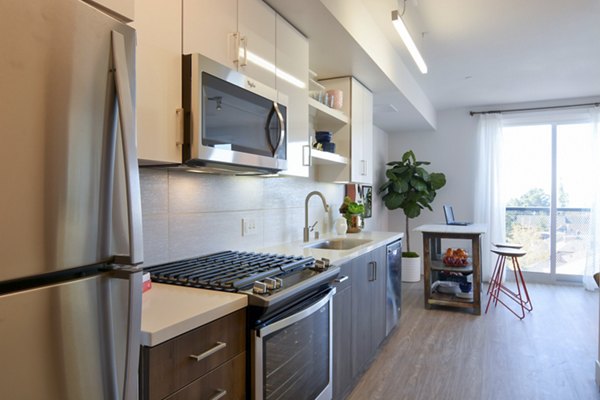 Modern kitchen with sleek countertops and stainless steel appliances at Parker luxury apartments