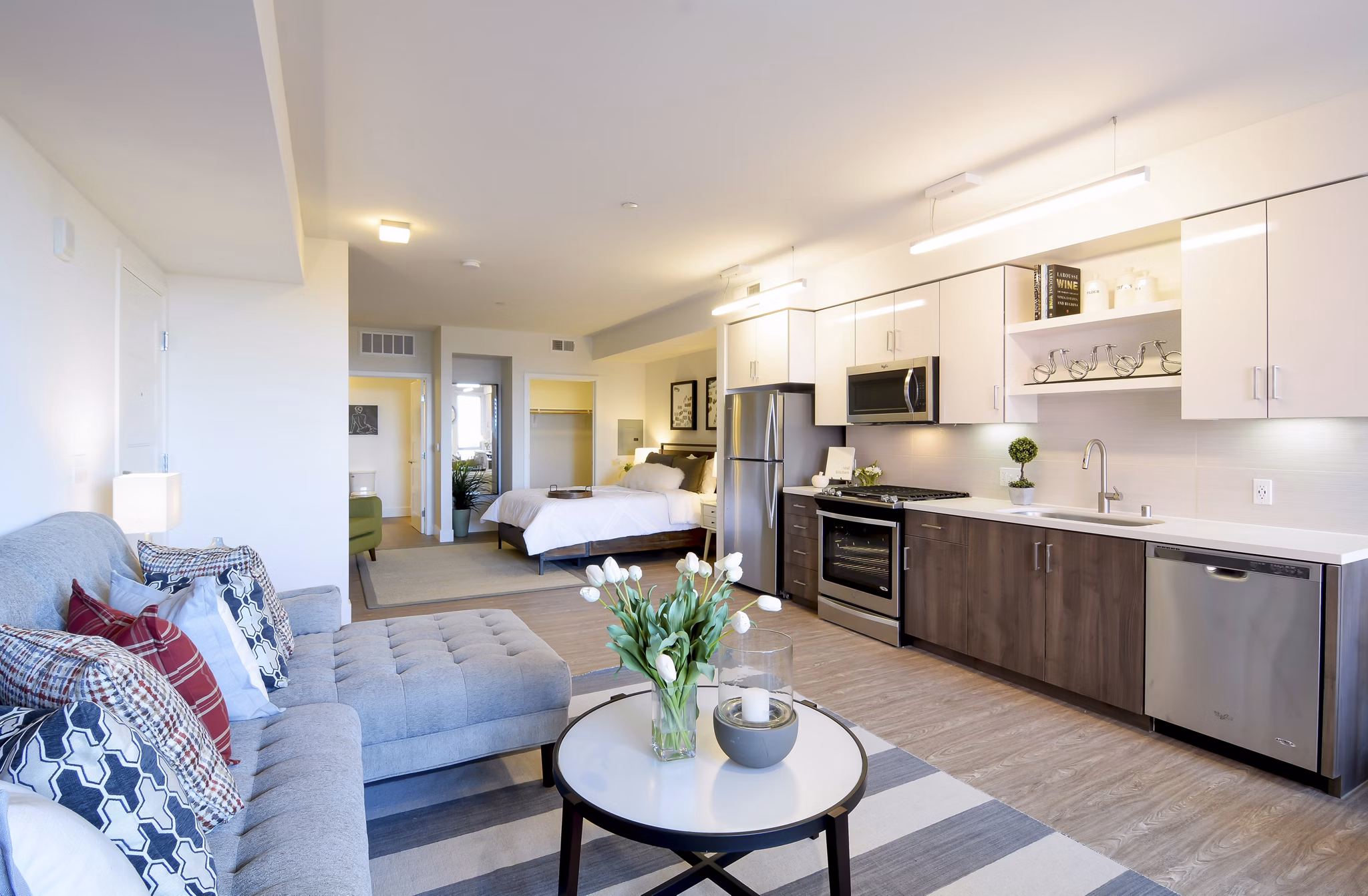 Spacious living room with modern decor and ample natural light in Parker luxury apartments