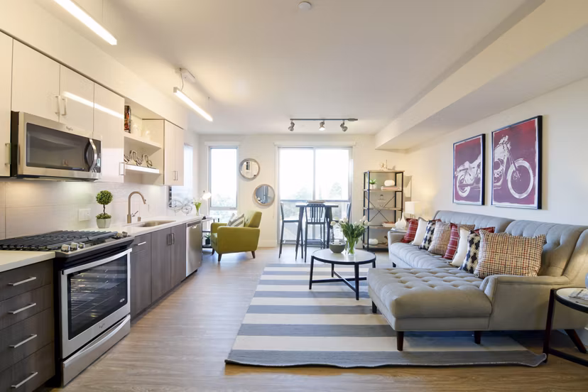 Spacious living room with modern decor in Parker luxury apartments