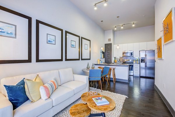 Platform Apartments: Open-concept living room and kitchen with contemporary decor featuring luxury finishes